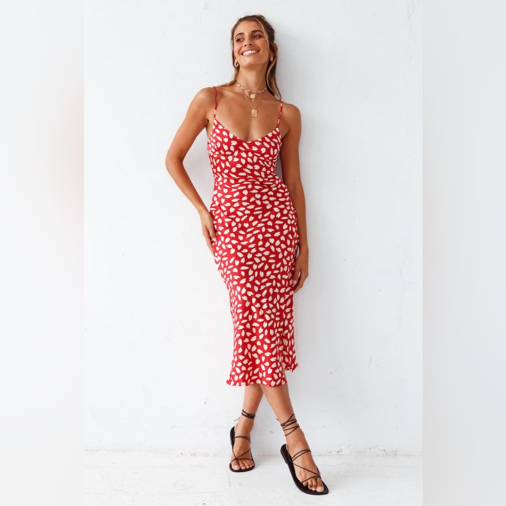 Red Printed Midi Slip Dress with Spaghetti Straps